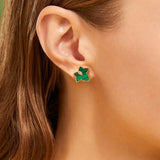 Vintage Spring Ivy Maple Leaf Stud Earrings Rhinestones Malachite Party Jewelry
