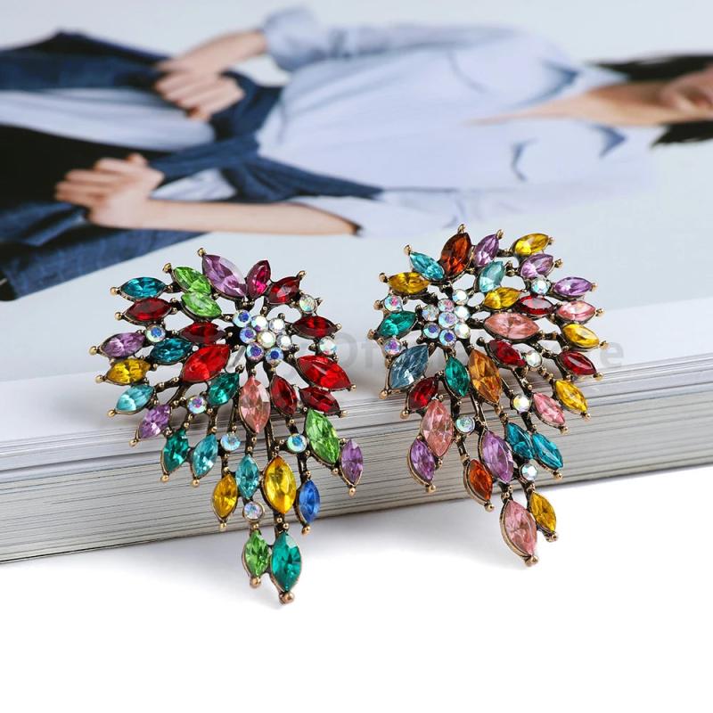 Vintage Crystal Stud Earrings Metal Hollow Out Irregular Jewelry Women
