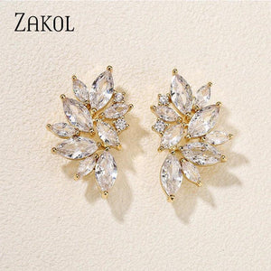 CZ Flower Stud Earrings Women Bridal Wedding Jewelry