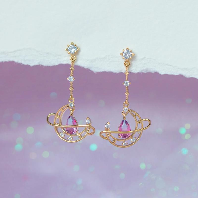 Hollow Moon Earring Gold-plated Pink Water Drop Zircon Heart Stud Earrings