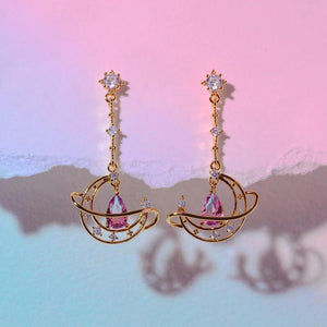 Hollow Moon Earring Gold-plated Pink Water Drop Zircon Heart Stud Earrings