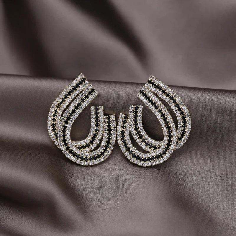 Two Tone Crystal U-Shaped Earrings for Women's Party