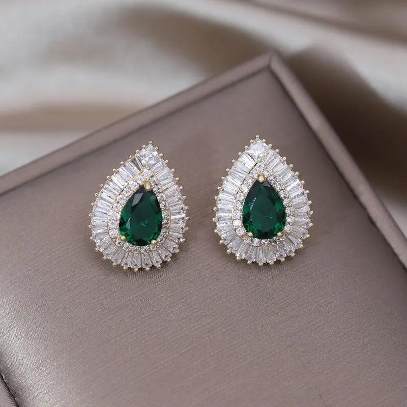 Korean Green Zircon Water Drop Stud Earrings for Women