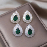 Korean Green Zircon Water Drop Stud Earrings for Women
