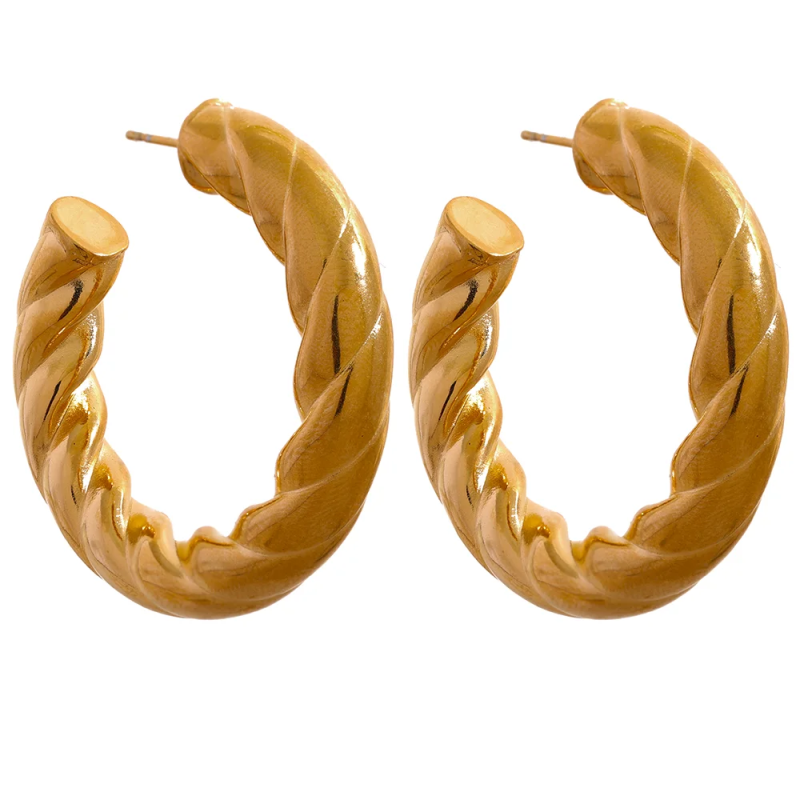 Golden Metal Round Stud Earrings Stainless Steel Twisted Unusual Jewelry