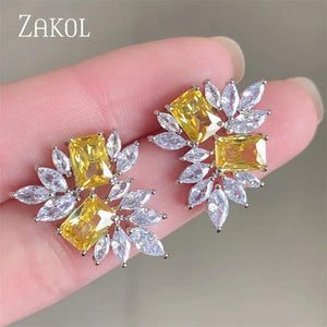 Yellow Leaf Stud Earrings Geometry CZ Bridal Wedding Jewelry