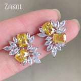 Yellow Leaf Stud Earrings Geometry CZ Bridal Wedding Jewelry
