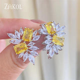 Yellow Leaf Stud Earrings Geometry CZ Bridal Wedding Jewelry