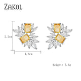 Yellow Leaf Stud Earrings Geometry CZ Bridal Wedding Jewelry