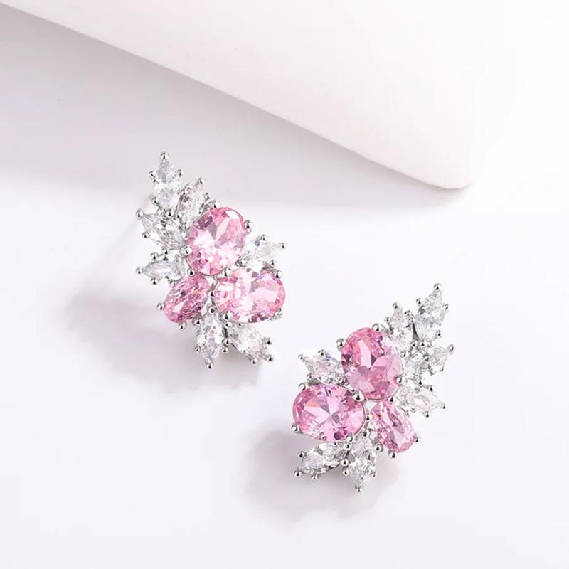 Pink Flower CZ Stud Earrings Oval Crystal Leaf