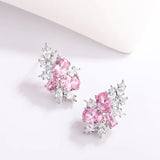Pink Flower CZ Stud Earrings Oval Crystal Leaf