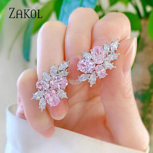 Pink Flower CZ Stud Earrings Oval Crystal Leaf