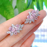 Pink Flower CZ Stud Earrings Oval Crystal Leaf