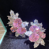 Pink Flower CZ Stud Earrings Oval Crystal Leaf
