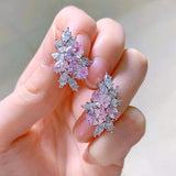 Pink Flower CZ Stud Earrings Oval Crystal Leaf