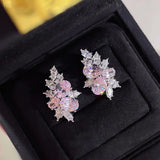 Pink Flower CZ Stud Earrings Oval Crystal Leaf