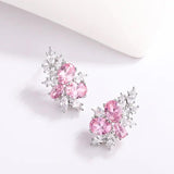 Pink Flower CZ Stud Earrings Oval Crystal Leaf