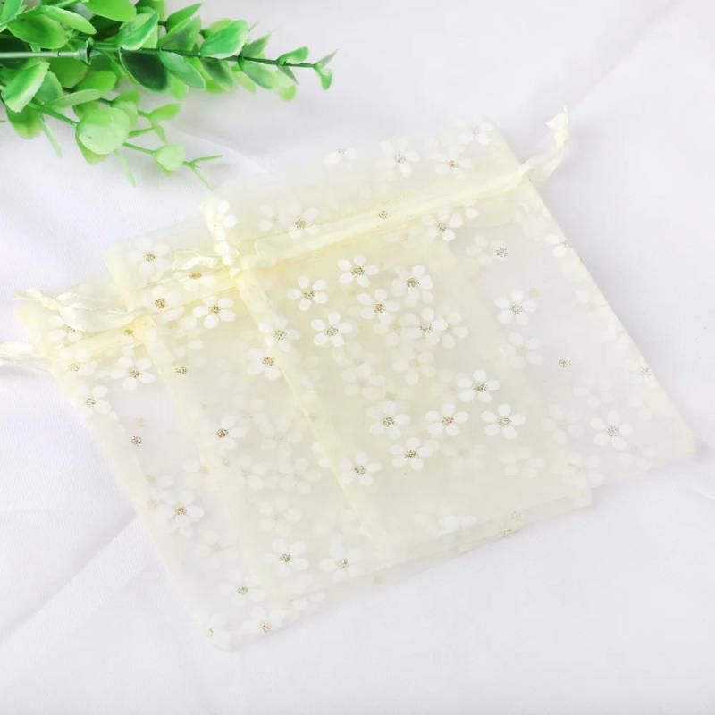 10pcs Organza Bags Flower Printing Drawstring Pouches Gift Bag