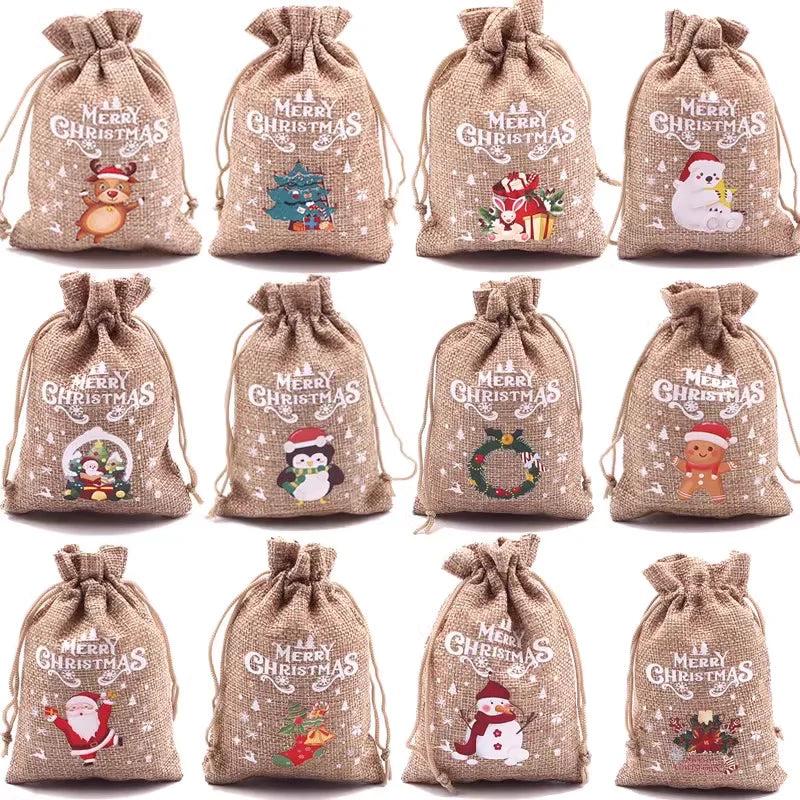 5Pcs Xmas Jute Bags 10x14/13x18cm Drawstring Pouches