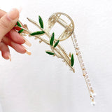 Bamboo Ponytail Tassel Grab Clip Pearl Hair Crab Hair Clip Girl Headdress