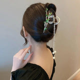 Bamboo Ponytail Tassel Grab Clip Pearl Hair Crab Hair Clip Girl Headdress