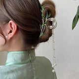 Bamboo Ponytail Tassel Grab Clip Pearl Hair Crab Hair Clip Girl Headdress