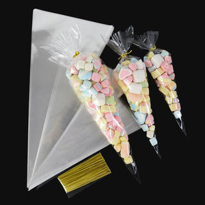 50Pcs Transparent OPP Plastic Bags Party Popcorn Candy Packaging Cone Storage