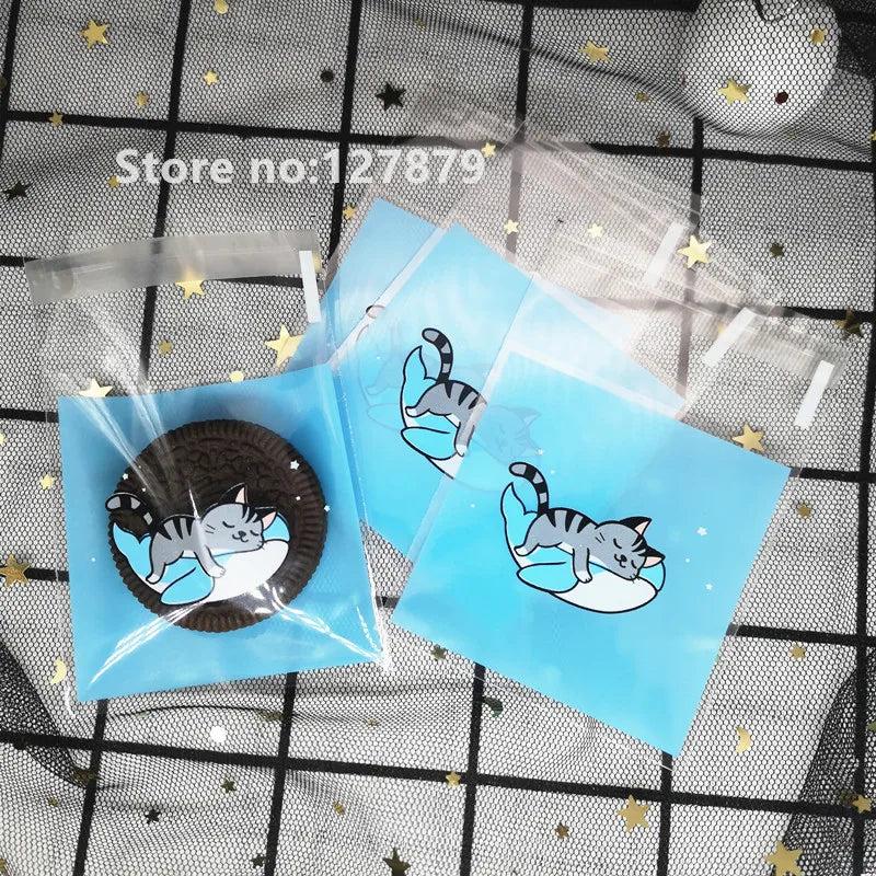 100pcs 7x7cm Cartoon Cat Bags Self-Adhesive Plastic Bags For Biscuits Candy Cake