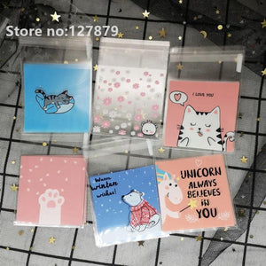 100pcs 7x7cm Cartoon Cat Bags Self-Adhesive Plastic Bags For Biscuits Candy Cake