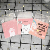 100pcs 7x7cm Cartoon Cat Bags Self-Adhesive Plastic Bags For Biscuits Candy Cake