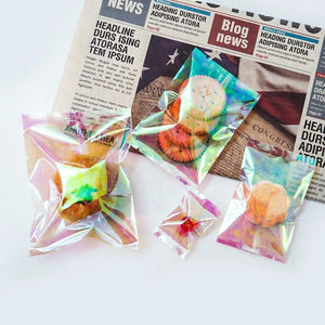 100Pcs Rainbow Transparent Laser Flat Pocket Baking Sealed Bags