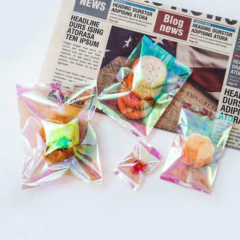 100Pcs Rainbow Transparent Laser Flat Pocket Baking Sealed Bags