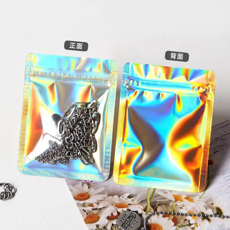 10pcs Pink Holographic Ziplock Foil Bags for Food & Jewelry Storage