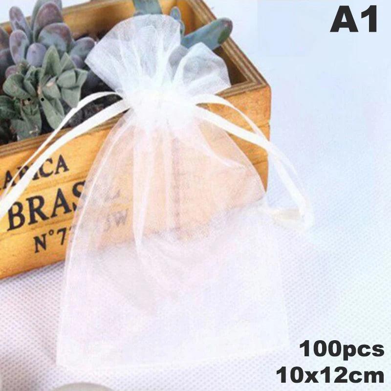 100pcs Colorful Organza Bags Drawstring Pouches 10x12cm/10x15cm/13x18cm