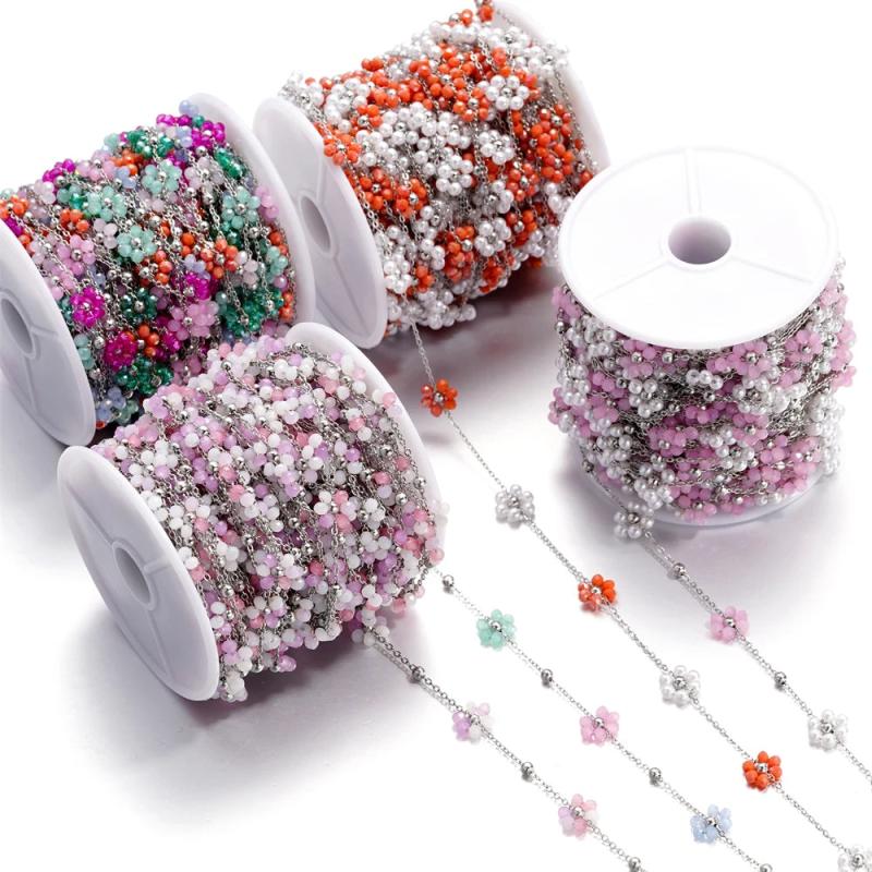 1m Stainless Steel Pearl Braided Flowers Flat Link Chains for DIY Jewelry