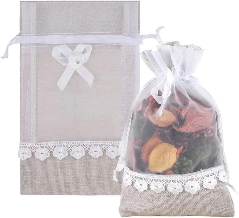 Lace Bow Drawstring Burlap Bags for Wedding