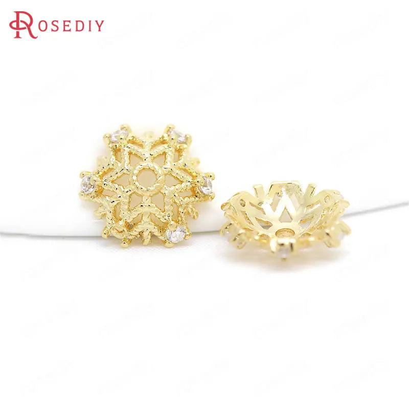 24K Brass Zircon Snowflake Flower Beads Caps Earrings Making Supplies