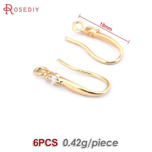 6PCS 18K Brass Zircon Earring Hooks for Diy Jewelry Making