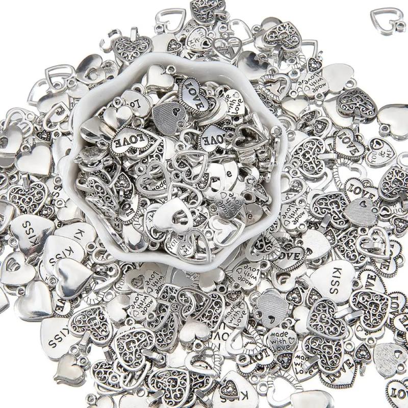 50g Zinc Alloy Charms Antique Silver Heart Pendants for DIY Jewelry Making