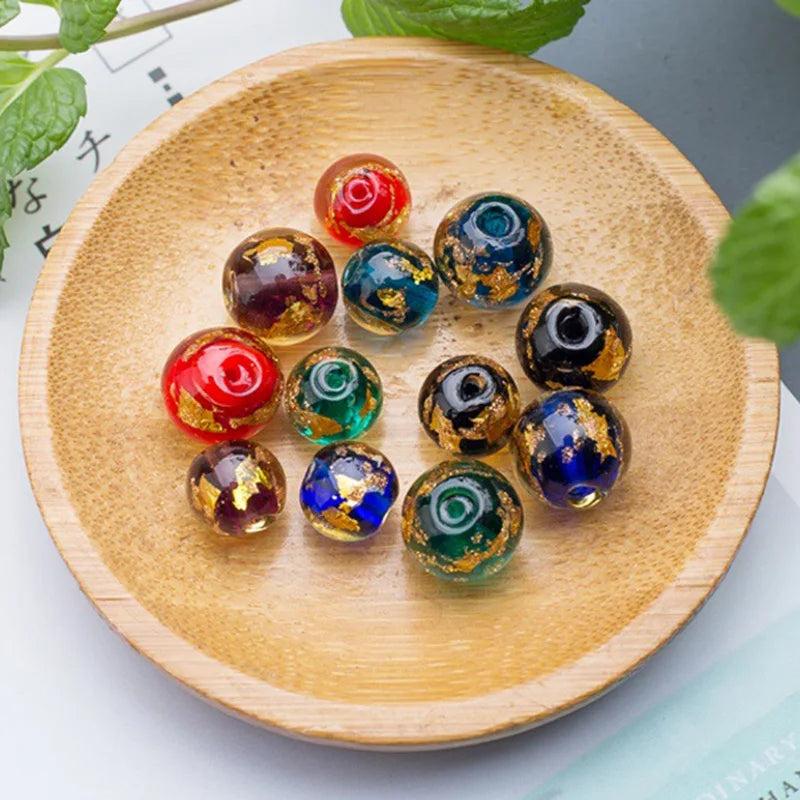 10pcs Round 10mm 12mm Foil Pattern Lampwork Glass Loose Beads for Jewelry Making