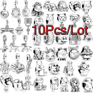 10Pcs Silver Cat Fox Charm Beads Pendant DIY Bracelets Bangles