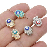 10PCS Plated BLue Evil Eye Crystal Fatima Hand Spacer Beads for Jewelry Making