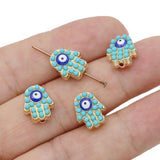 10PCS Plated BLue Evil Eye Crystal Fatima Hand Spacer Beads for Jewelry Making