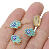 10PCS Plated BLue Evil Eye Crystal Fatima Hand Spacer Beads for Jewelry Making