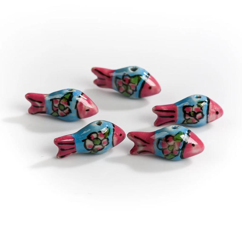 5 Hand Painted Fish Flower Ceramic Beads for DIY Jewelry Making
