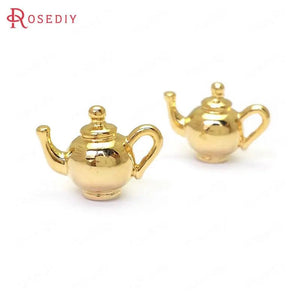 6PCS 24K Brass 3D Kettle Charms Pendants DIY Jewelry Findings