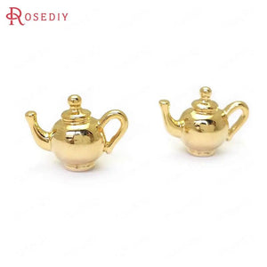 6PCS 24K Brass 3D Kettle Charms Pendants DIY Jewelry Findings