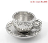 20pcs 3D Tableware Charms Cup Saucer Silver Metal Pendants DIY Necklace Earrings