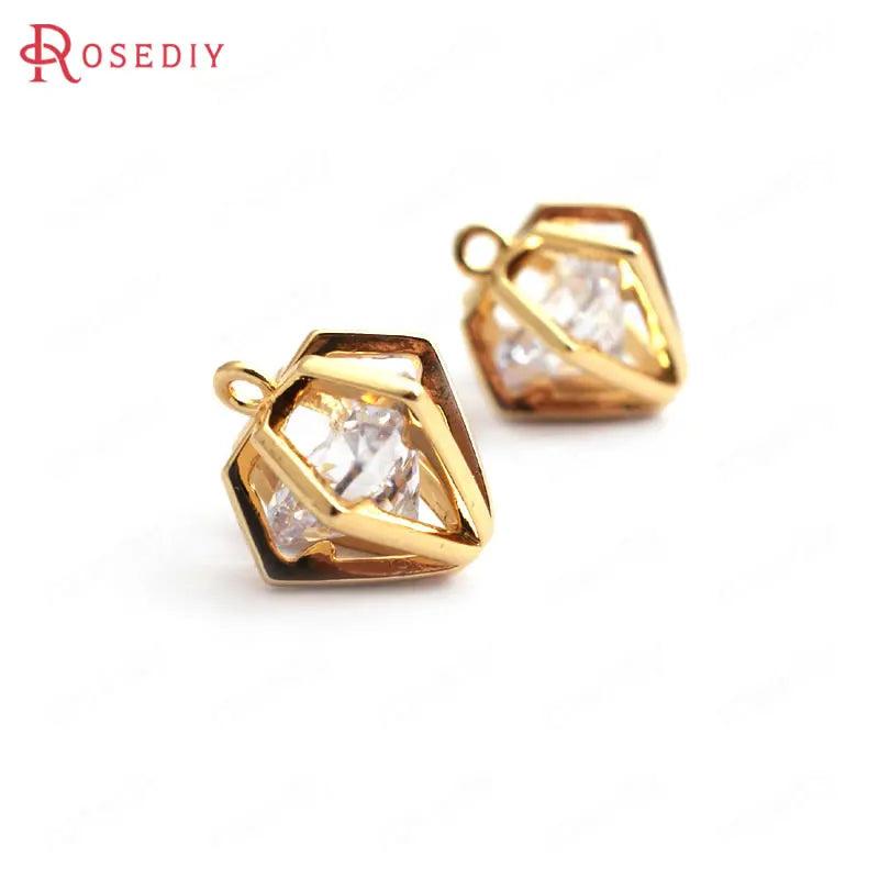 4pcs 12x10mm High Brass + Zircon 3D Rhombus Charms Pendants Jewelry Findings
