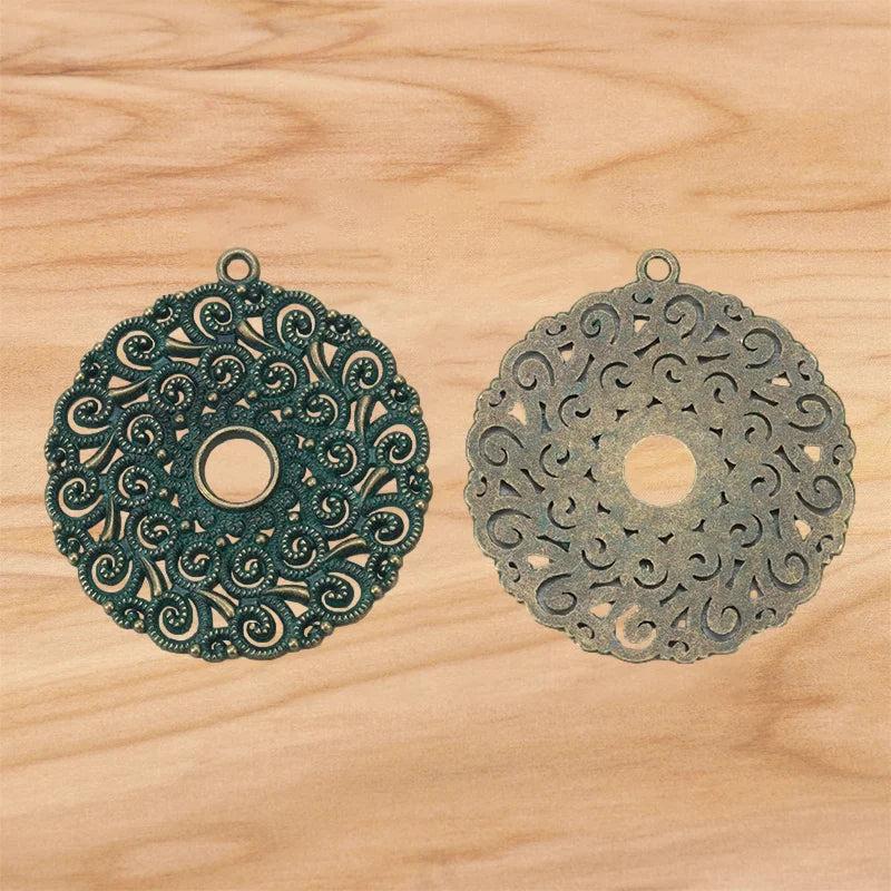 6 Green Verdigris Patina Metal Flower Spiral Charms Pendants
